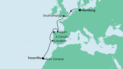 Routenverlauf für Von Hamburg nach Teneriffa mit AIDAperla am 14.10.22