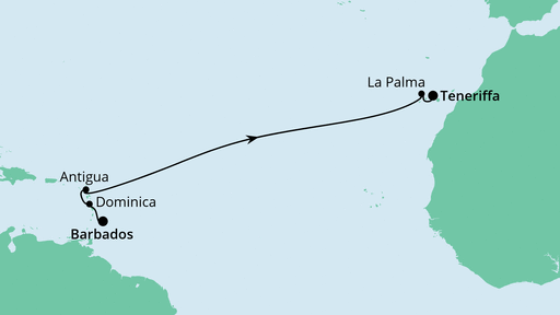 Routenverlauf für Von Barbados nach Teneriffa mit AIDAperla am 06.04.23 Routenverlauf für Von Barbados nach Teneriffa mit AIDAperla am 06.04.23