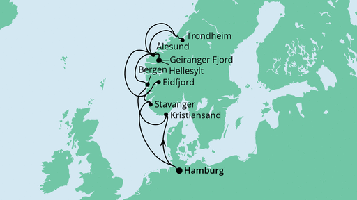 Routenverlauf für Norwegens Fjorde mit AIDAperla am 19.09.23 Routenverlauf für Norwegens Fjorde mit AIDAperla am 19.09.23
