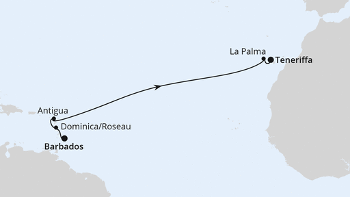 Routenverlauf für Von Barbados nach Teneriffa mit AIDAperla am 04.04.24 Routenverlauf für Von Barbados nach Teneriffa mit AIDAperla am 04.04.24