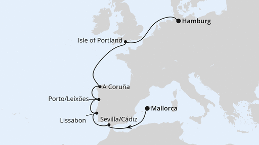 Routenverlauf für Von Mallorca über Portugal nach Hamburg 2 mit AIDAperla am 05.05.27