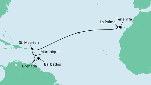 Routenverlauf für Von Teneriffa nach Barbados mit AIDAperla am 07.11.21 Routenverlauf für Von Teneriffa nach Barbados mit AIDAperla am 07.11.21
