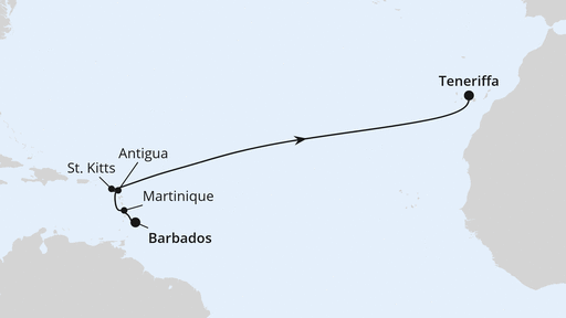 Routenverlauf für Von Barbados nach Teneriffa mit AIDAperla am 20.03.25