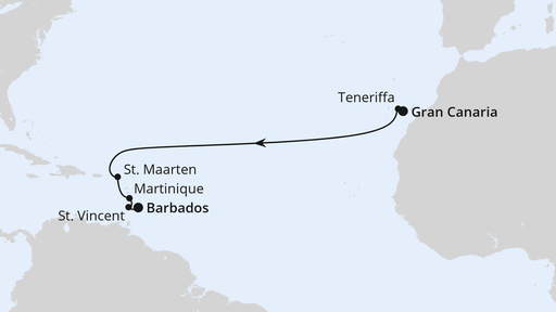 Routenverlauf für Von Gran Canaria nach Barbados mit AIDAperla am 02.11.25