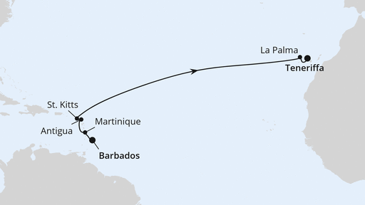 Routenverlauf für Von Barbados nach Teneriffa mit AIDAperla am 05.03.26 Routenverlauf für Von Barbados nach Teneriffa mit AIDAperla am 05.03.26