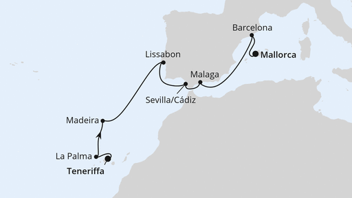 Routenverlauf für Osterreise Kanaren & Andalusien ab Teneriffa mit AIDAperla am 23.03.27