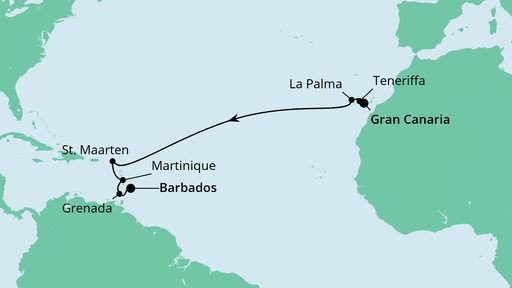 Routenverlauf für Von Gran Canaria nach Barbados mit AIDAperla am 06.11.21