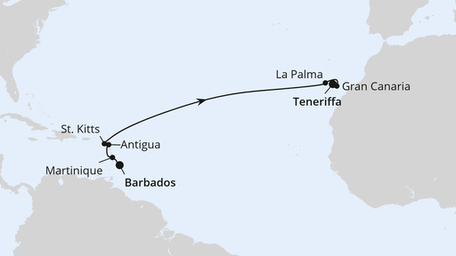 Routenverlauf für Von Barbados nach Teneriffa mit AIDAperla am 11.03.27 Routenverlauf für Von Barbados nach Teneriffa mit AIDAperla am 11.03.27