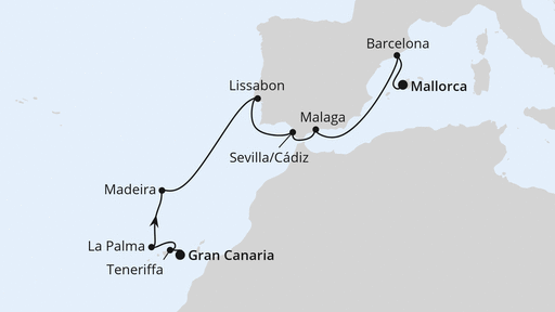 Routenverlauf für Osterreise Kanaren & Andalusien ab Gran Canaria 1 mit AIDAperla am 22.03.27