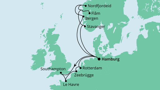 Routenverlauf für Metropolen & Norwegen 1 mit AIDAperla am 16.05.20
