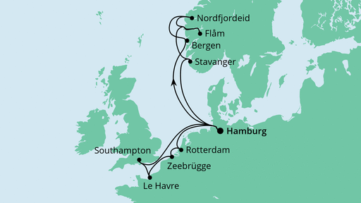 Routenverlauf für Metropolen & Norwegen 2 mit AIDAperla am 20.06.20