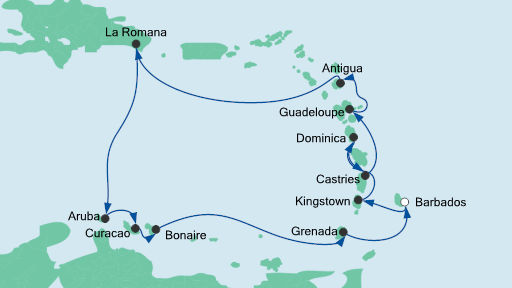 Routenverlauf für Karibische Inseln ab Barbados mit AIDAperla am 05.11.20 Routenverlauf für Karibische Inseln ab Barbados mit AIDAperla am 05.11.20