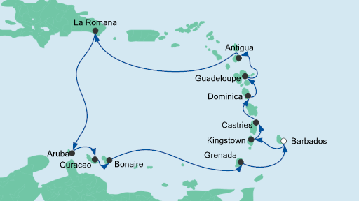 Routenverlauf für Karibische Inseln ab Barbados mit AIDAperla am 31.12.20 Routenverlauf für Karibische Inseln ab Barbados mit AIDAperla am 31.12.20
