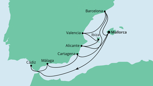 Routenverlauf für Große Spanien-Reise 1 mit AIDAperla am 07.08.21 Routenverlauf für Große Spanien-Reise 1 mit AIDAperla am 07.08.21