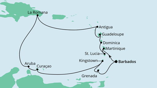 Routenverlauf für Karibische Inseln ab Barbados mit AIDAperla am 15.12.22 Routenverlauf für Karibische Inseln ab Barbados mit AIDAperla am 15.12.22