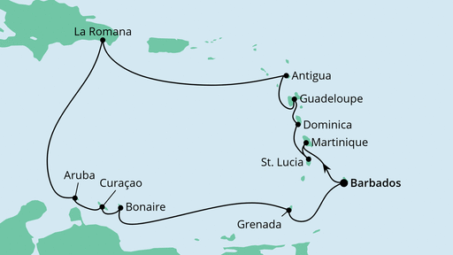 Routenverlauf für Karibische Inseln ab Barbados mit AIDAperla am 12.01.23