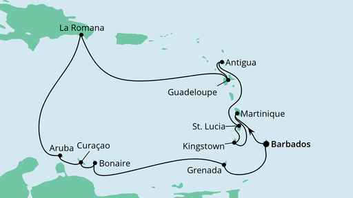 Routenverlauf für Karibische Inseln ab Barbados mit AIDAperla am 09.02.23