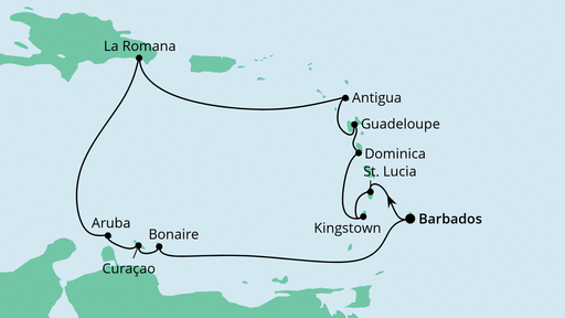 Routenverlauf für Karibische Inseln ab Barbados mit AIDAperla am 09.03.23 Routenverlauf für Karibische Inseln ab Barbados mit AIDAperla am 09.03.23