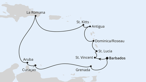 Routenverlauf für Karibische Inseln ab Barbados mit AIDAperla am 28.11.24 Routenverlauf für Karibische Inseln ab Barbados mit AIDAperla am 28.11.24