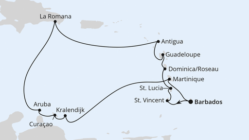 Routenverlauf für Karibische Inseln ab Barbados mit AIDAperla am 09.01.25 Routenverlauf für Karibische Inseln ab Barbados mit AIDAperla am 09.01.25