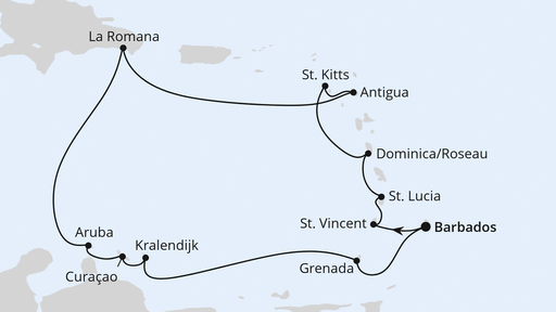 Routenverlauf für Karibische Inseln ab Barbados mit AIDAperla am 23.01.25 Routenverlauf für Karibische Inseln ab Barbados mit AIDAperla am 23.01.25