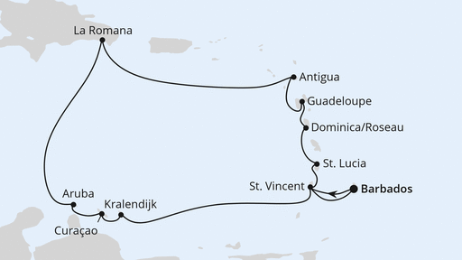Routenverlauf für Karibische Inseln ab Barbados mit AIDAperla am 06.02.25 Routenverlauf für Karibische Inseln ab Barbados mit AIDAperla am 06.02.25