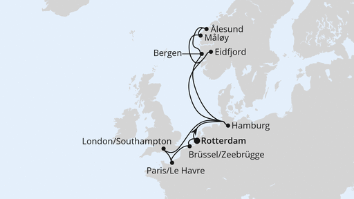 Routenverlauf für Metropolen & Norwegen ab Rotterdam mit AIDAperla am 15.05.25