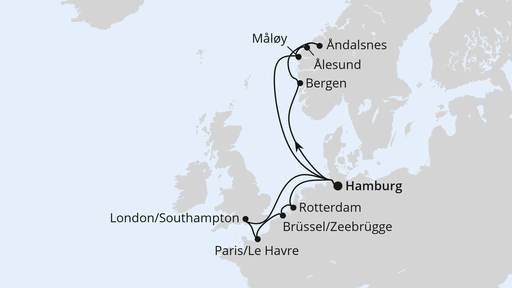 Routenverlauf für Metropolen & Norwegen ab Hamburg mit AIDAperla am 17.05.25