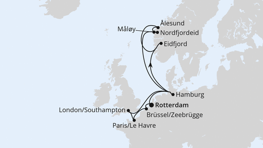 Routenverlauf für Metropolen & Norwegen ab Rotterdam mit AIDAperla am 29.05.25