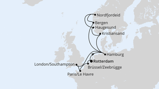 Routenverlauf für Metropolen & Norwegen ab Rotterdam mit AIDAperla am 10.07.25