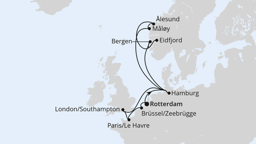 Routenverlauf für Metropolen & Norwegen ab Rotterdam mit AIDAperla am 21.08.25