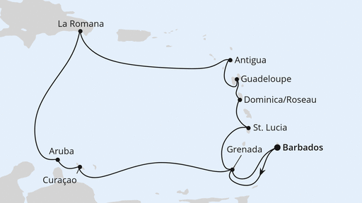 Routenverlauf für Karibische Inseln ab Barbados mit AIDAperla am 13.11.25 Routenverlauf für Karibische Inseln ab Barbados mit AIDAperla am 13.11.25