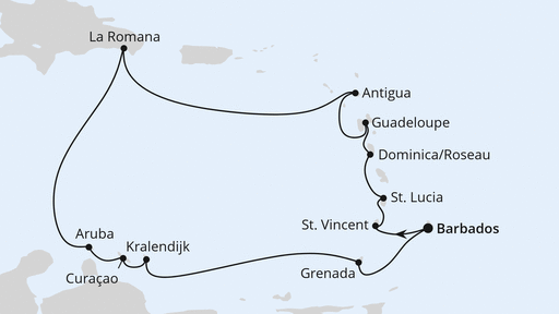 Routenverlauf für Karibische Inseln ab Barbados mit AIDAperla am 19.02.26