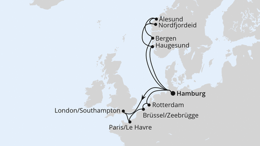 Routenverlauf für Metropolen & Norwegen ab Hamburg mit AIDAperla am 16.05.26