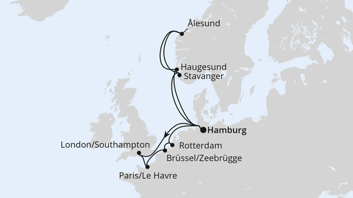 Routenverlauf für Metropolen & Norwegen ab Hamburg mit AIDAperla am 30.05.26