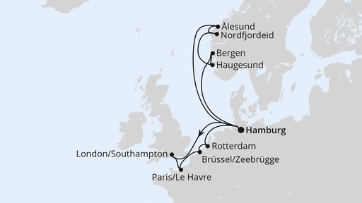 Routenverlauf für Metropolen & Norwegen ab Hamburg mit AIDAperla am 13.06.26