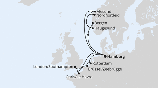 Routenverlauf für Metropolen & Norwegen ab Hamburg mit AIDAperla am 20.06.26