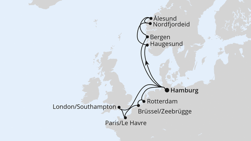 Routenverlauf für Metropolen & Norwegen ab Hamburg mit AIDAperla am 01.08.26