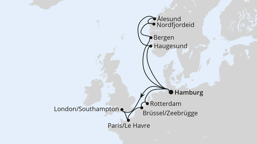 Routenverlauf für Metropolen & Norwegen ab Hamburg mit AIDAperla am 22.08.26
