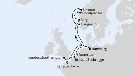 Routenverlauf für Metropolen & Norwegen ab Hamburg mit AIDAperla am 29.08.26
