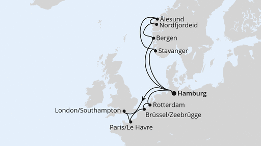 Routenverlauf für Metropolen & Norwegen ab Hamburg mit AIDAperla am 05.09.26