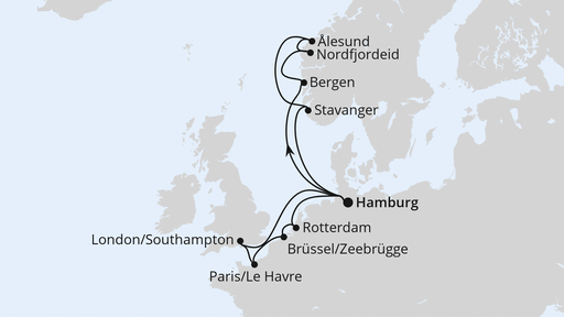 Routenverlauf für Metropolen & Norwegen ab Hamburg mit AIDAperla am 12.09.26