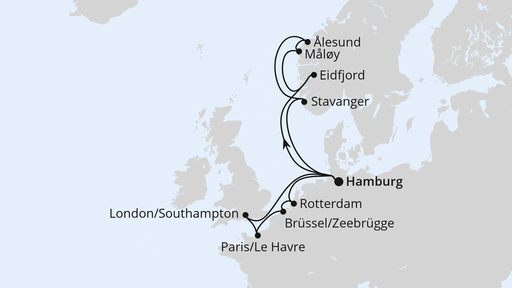 Routenverlauf für Metropolen & Norwegen ab Hamburg mit AIDAperla am 26.09.26