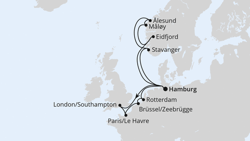 Routenverlauf für Metropolen & Norwegen ab Hamburg mit AIDAperla am 03.10.26