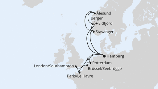 Routenverlauf für Metropolen & Norwegen ab Hamburg mit AIDAperla am 17.10.26