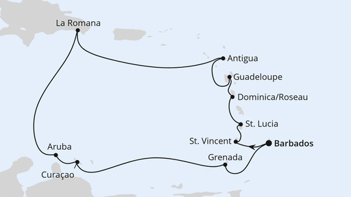 Routenverlauf für Karibische Inseln ab Barbados mit AIDAperla am 31.12.26 Routenverlauf für Karibische Inseln ab Barbados mit AIDAperla am 31.12.26
