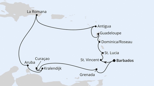 Routenverlauf für Karibische Inseln ab Barbados mit AIDAperla am 11.02.27