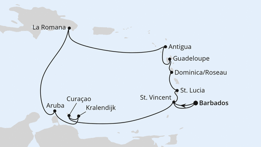 Routenverlauf für Karibische Inseln ab Barbados mit AIDAperla am 25.02.27 Routenverlauf für Karibische Inseln ab Barbados mit AIDAperla am 25.02.27