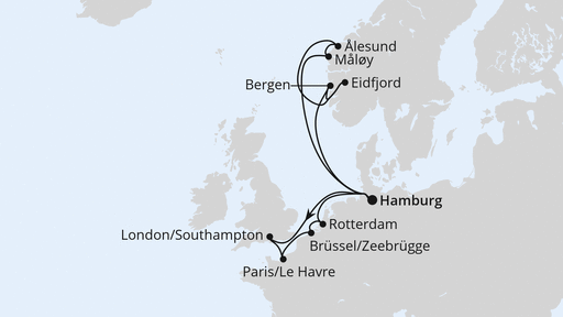 Routenverlauf für Metropolen & Norwegen ab Hamburg mit AIDAperla am 21.08.27