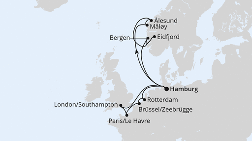 Routenverlauf für Metropolen & Norwegen ab Hamburg mit AIDAperla am 28.08.27
